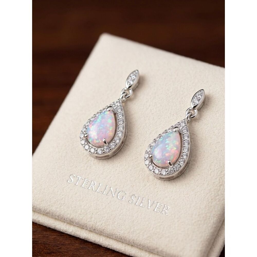 Stunning Pink Fire Opal Teardrop Halo & Topaz Dangle Earrings Sterling Silver